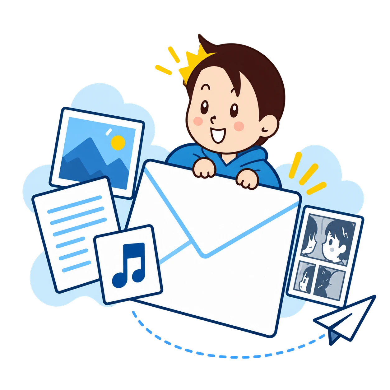 サスケのキャラクターが、AI画像や音楽、文章づくりのアイデアをメールで届けるイラスト